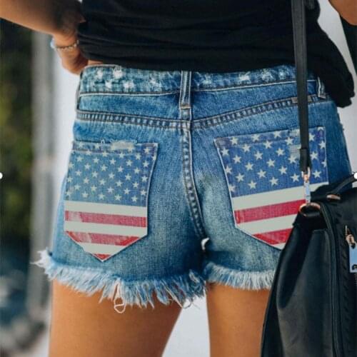 Ladies Jeans Buttonholes Printed Patch Pockets Ladies Denim Shorts Hot Pants