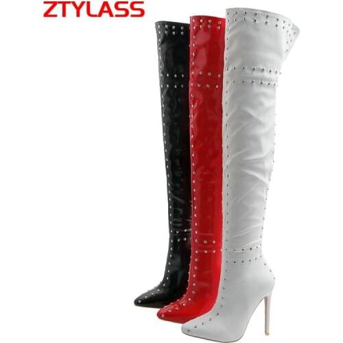 2021 Autumn Winter Women Over The Knee Boots Sexy Stiletto Thigh Boots Fashion Zipper Rivet Pointed Toe Long Boots Big Size 45