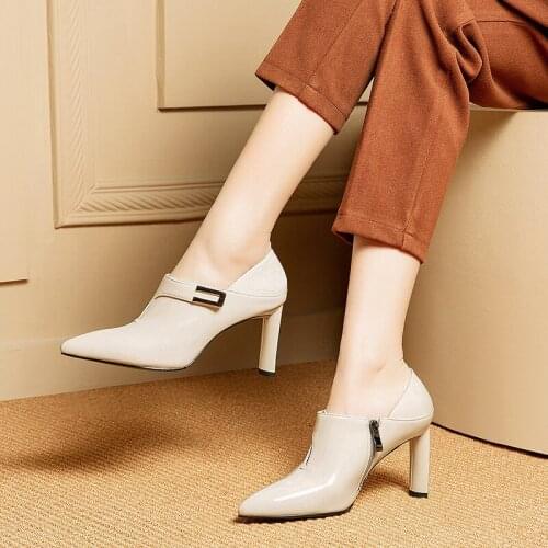 Pointed high heels ladies shoes patent leather handmade womens shoes buckle zipper fashion black womens shoes