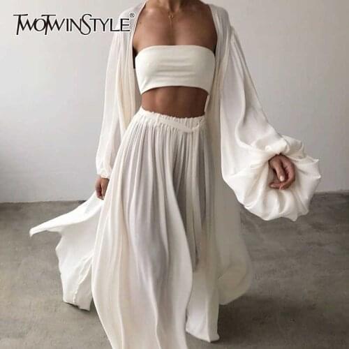 TWOTWINSTYLE White Sexy Three Piece Set For Women Slim Vest Lantern Sleeve Coat Wide Leg Pants Loose Sets Female Fashion New