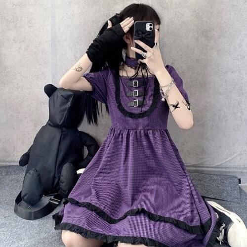 Japanese Harajuku Women Purple Plaid Dress Summer Vintage Puff Sleeve Gothic Lolita Kawaii Students Dress Preppy Style
