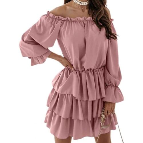 Chiffon Mini Dress Women Elegant Slash Neck Solid Color Long Sleeve Ruffle Hem Tunic Office Ladies Cake Dresses Streetwear