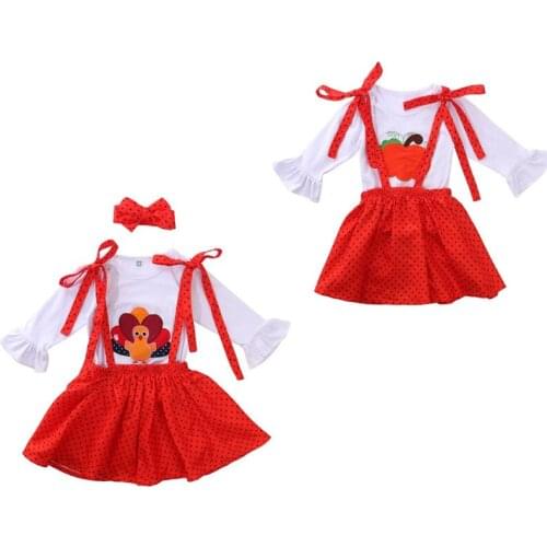 2020 0-5YHalloween/Thanksgiving Kids Baby Girl Clothing Pumpkin/Turkey Print Long Sleeve Ruffle Top+Short Dot Suspender Skirt