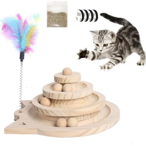 3-Layer Cat Turntable Wooden Cat Toy Multi-Layer Rotating Track Interactive Game Ball Disc With Funny Cat Stick Pet Supplies