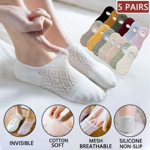 5 Pairs/Set Women Silicone Non-slip Invisible Socks Summer Solid Color Mesh Ankle Boat Socks Female Cotton Slipper Socks Kawaii