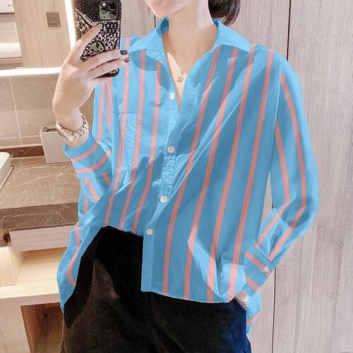 Blouse Women Shirt Blue Striped Womens Long-Sleeved Shirt Blusas Mujer De Moda