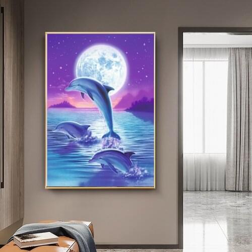 Dolphins in the moonlight,Needlework,DIY Dolphin painting Cross stitch,scenery,11CT,Cross-Stitching,Home Decoration