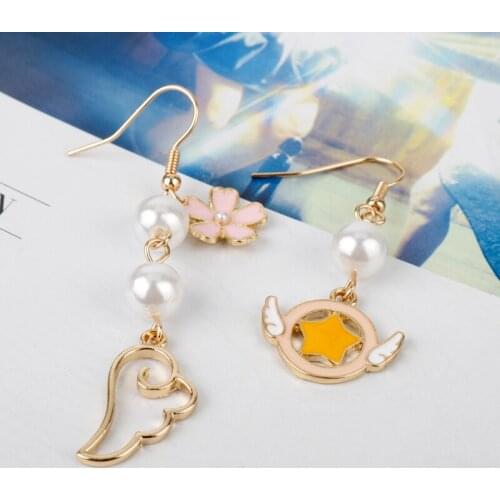 Dongsheng Japenese Comic Enamel Angel Wing Star Pearls Card Captor Sakura Dangle Earrings for Women Girl Flower Earrings