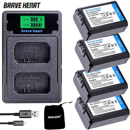4Pcs 2000mAh NP-FW50 NP FW50 Battery + LED USB Dual Charger for Sony Alpha a6500 a6300 a7 7R a7R a7R II a7II NEX-3 NEX-3N NEX-5
