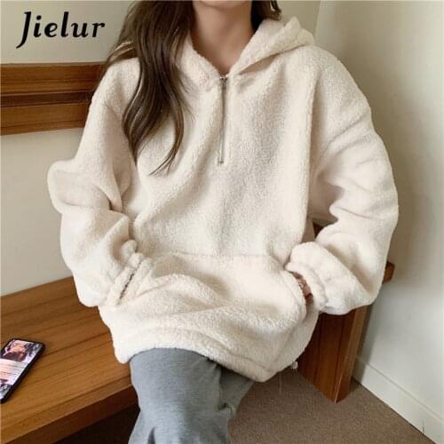 Jielur Lamb Cashmere Winter Women Hoodies Sweatshirt Fashion New Warm Pockets Zipper Hooded Apricot Gray Pink Pullover M-XL