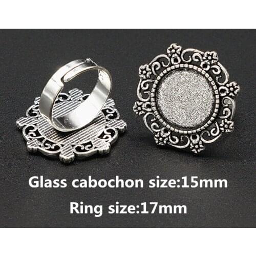 Beauty Hollow flower pattern Silver color Ring Settings Cabochon Base Blank Fit 15mm Glass Cabochons DIY Rings adjustable Making