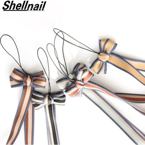 Shellnail Fashion Mobile Phone Lanyards Wrist Strap Fabric Striped Wrist Temperament Lanyard anti-fall Hair Ball Bow Hand Ropes