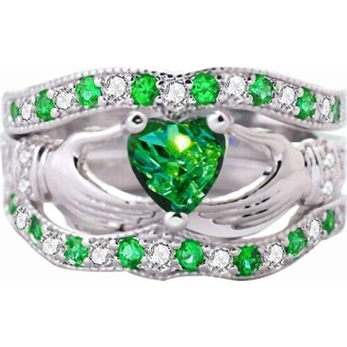 Fashion Green Heart Crystal Ring Set Couple Engagement Rings for Women Wedding Bands Jewelry Female Gift 3pcs/set Bijoux