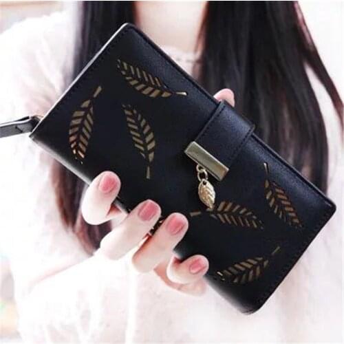 New hot Women Wallets Leaf Bifold Wallet Leather Clutch Women Card Holder Purse Lady Long Handbag carteras mujer purse female