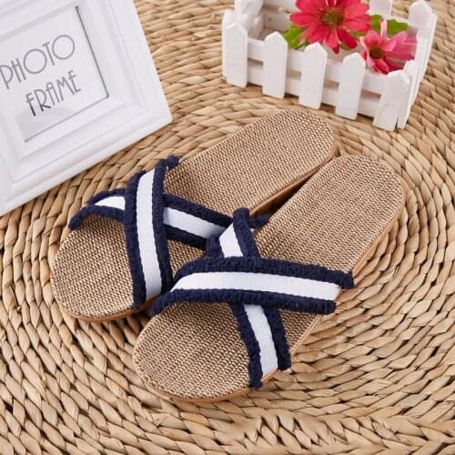 Wholesale Man Summer Linen Slides Female/Male Home Shoes Indoor Cross Stripes Flip Flops Womens/Men Flax Slippers Couple Sandals