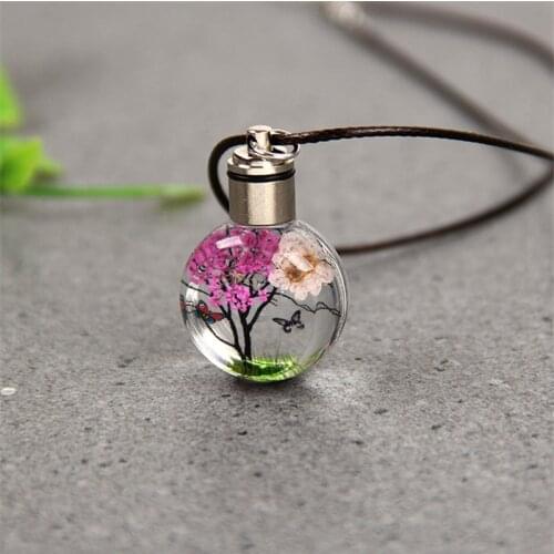 Tree Of Life Luminous Dried Flower Butterfly Glass Ball Rope Chain Pendant Necklace For Women Girls Jewelry Gift