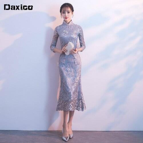 Middle Sleeve Chinese Trditional Dress Women Lace Vintage Ancient Qipao Lady Wedding Party Evening Dresses Oriental Cheongsam