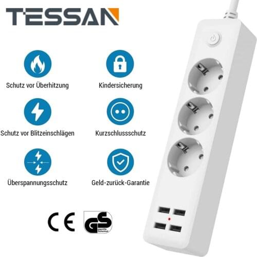 TESSAN EU Plug Power Strip with 4 USB Charging Ports 3 AC Outlets and 1.5M/5ft Long Extension Cord Multi Outler Extender Socket
