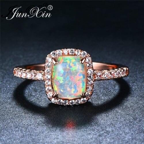 Vintage Female Blue Green White Fire Opal Ring Rose Gold Rainbow Birthstone Wedding Bands Promise Engagement Rings For Women Cz