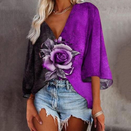 2021 Autumn Flare Long Sleeve Loose Pullover Women Rose Flower Print Blouse Shirt Contrast Color Summer 3/4 Sleeve V Neck Blusas