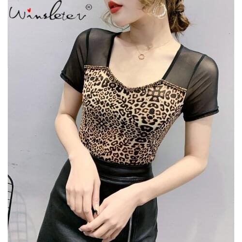 Summer Korean Style T-Shirt Girls Chic Sexy V-Neck Spliced Mesh Leopard Shiny Beading Women Tops Short Sleeve Tees 2021 T13112A
