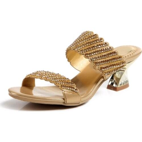 G-sparrow 2018 New Womens Gold Black Rhinestone Sandals High Heel Thick Heels Shoes Slippers Big Size 6cm