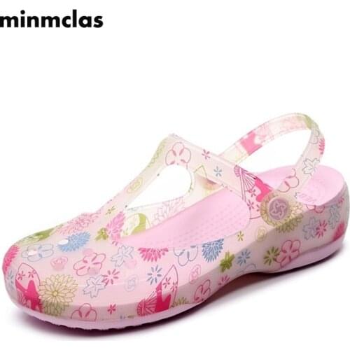 Minmclas 2021 Womens Sandals Summer Beach Slippers Flat Shoes Garden Jelly Clogs Waterproof Printing Pattern Design Hospital