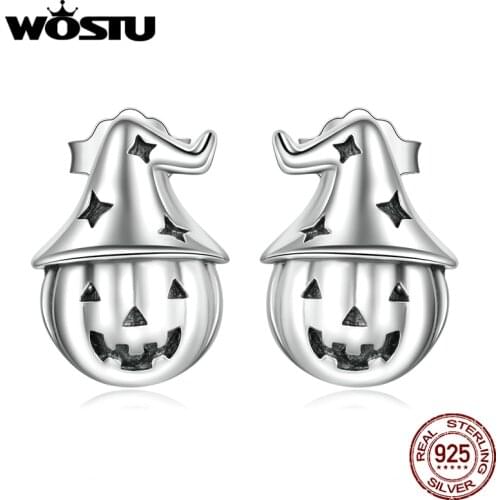 WOSTU 925 Sterling Silver Halloween Pumpkin Magic Hat Star Stud Earrings For Women Fashion Party Jewelry CTE537