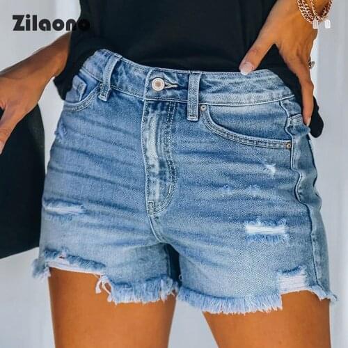 Women High Waisted Shorts Sexy Ripped Hole Raw Hem Frayed Booty Shorts Denim With Pocket Clubwear Butt Lift Skinny Short Jeans