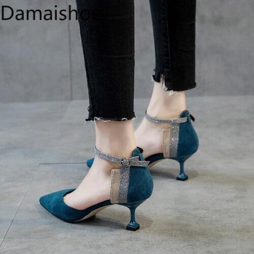 Womens Shoes Stiletto Heels 2021 New Korean Style Pointed Toe All-Matching Toe Cap Ankle-Strap Buckle Roman Mid-Heel Shoe Women