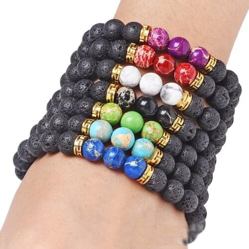 8mm Colorful Imperial Stone Beaded Bracelet Natural Stone Volcanic Stones Three beads Turquoise Howlite Women Men Bracelets