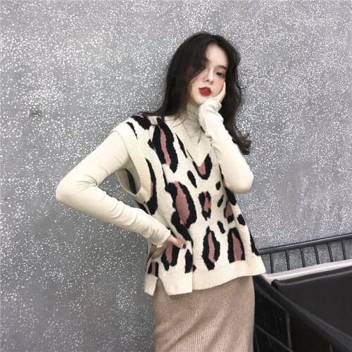 Woman Sweaters Pull Hiver Leopard Print Knitted Vest Womens Sweater Suit Two-Piece Set Femme Chandails