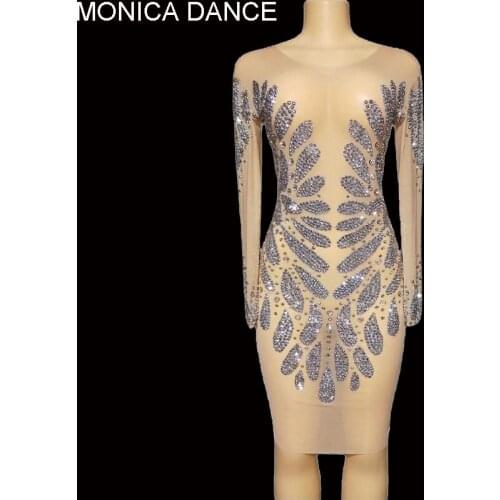 Women Sparkling See Through Rhinestone Dress Sexy Stage Crystal Perspective Birthday Nightclub Party Dress Dancer Costume