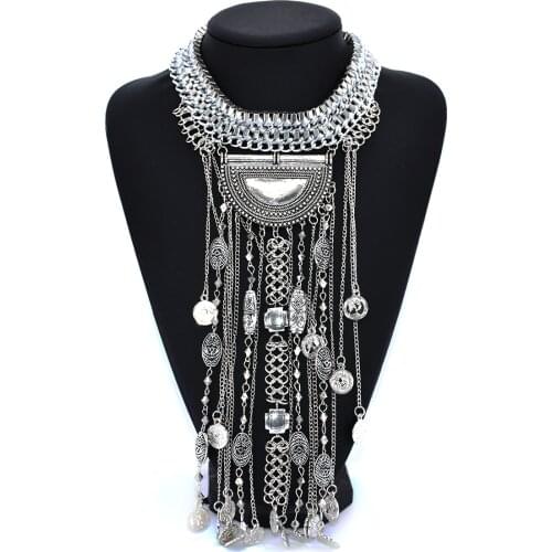 Bohemian Maxi Long Tassel Choker Necklace Women Vintage Statement Large Collar Choker Necklace Jewelry Indian Coin Necklace