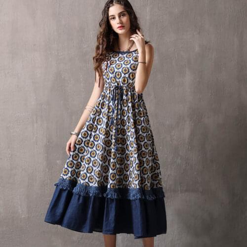 Free Shipping New Summer Sleeveless Denim Patchwork Dresses Women Long Mid-calf Vintage S-L Tassels Print Flower Strap Dresses