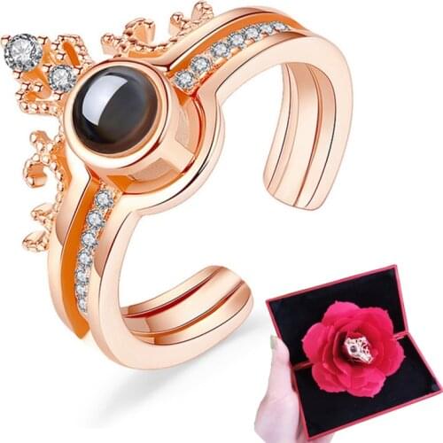 100 Languages I Love You Ring With Box Two In One Crown Ring Female Bridal Wedding Projection Love Memory Ring Romantic Jewelry