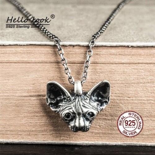 HelloLook 100% 925 Sterling Silver Necklace Punk Sphinx Cat Pendant + S925 Sterling Silver Chain Personality Necklace