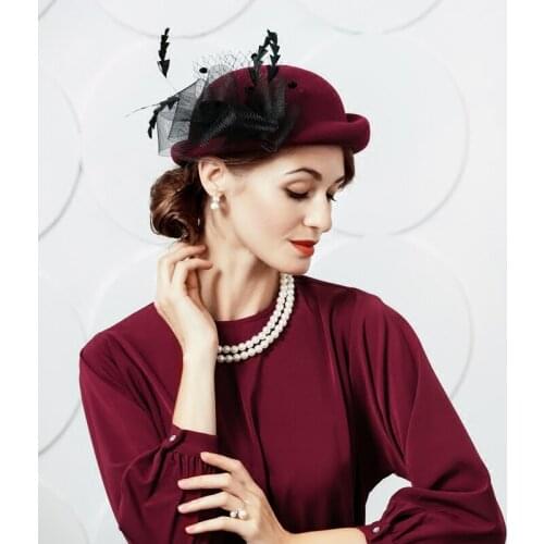 100% Wool Hats for Women Elegant Vintage Wedding Church Hat Ladies Formal Floral England Style Party Church Fedora Cap B-7452