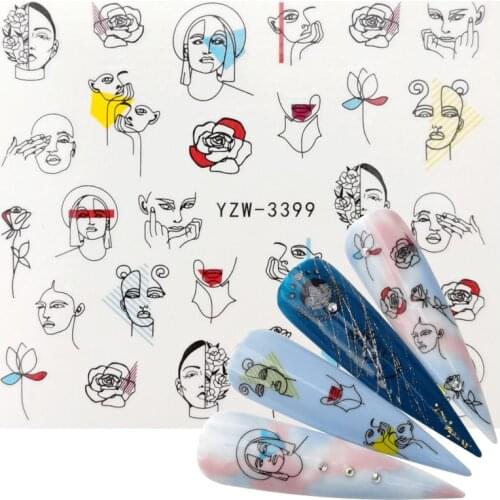 2021 New Designs Black Line Coloful Abstract Image Nail Sticker Decals Sexy Girl Water Transfer Slider For Nails Art