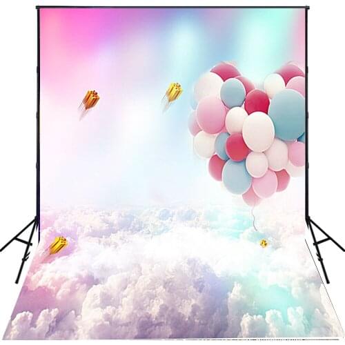 5x7 Backgrounds for Photography Rainbow Balloon White Clouds with Gold Gifts Box Photo Backdrops Newborn Wedding Background