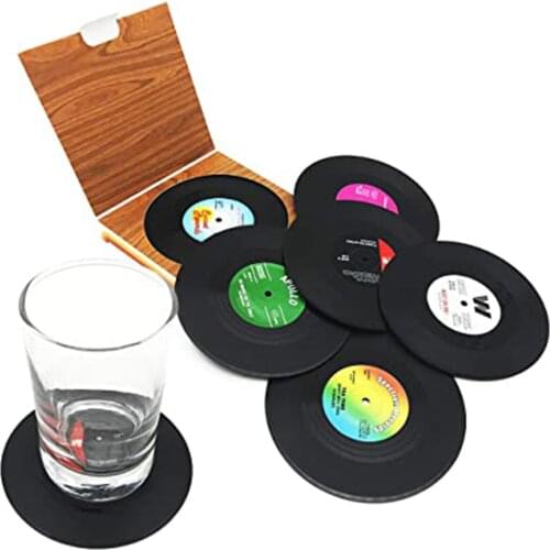 6PCS Creative Vinyl Record Coaster Drink Milk Coffee Cup Holder Mat Small Round Placemat Retro Coaster Kitchen Bar Accessories