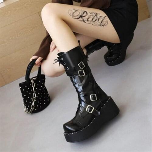 PXELENA Gothic Street Motorcycle Knight Martin Mid Calf Boots Women Rivet Buckle Wedge Platform High Heels Cosplay Shoes 34-43