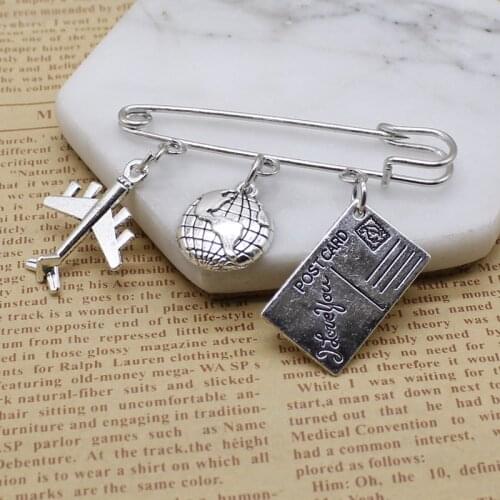 Travel brooch, passport and airplane keychain, flying hostess friendship gift jewelry brooch