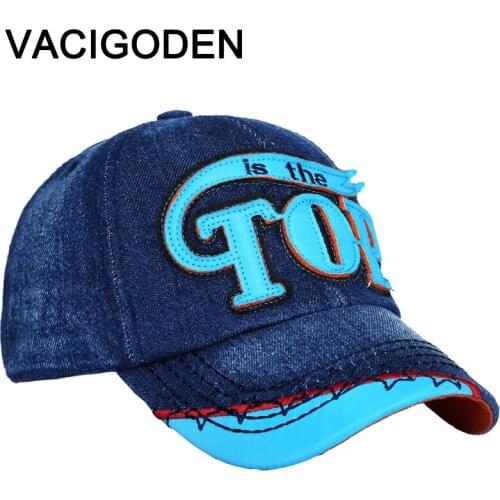VACIGOLDEN Children Letter Patch Baseball Cap Boys Autumn Denim Cap Girls Spring Casual Sun Visor Adjustable Patchwork Color