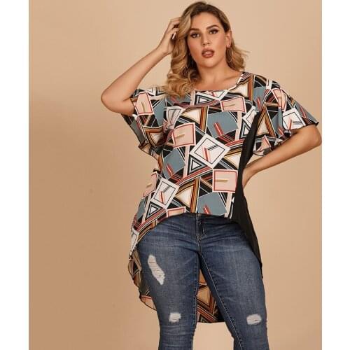 Geometrical Print Summer Blouse XL To 4XL Women Tops O-neck Short Sleeve Loose Casual Shirts Blusas Mujer T118