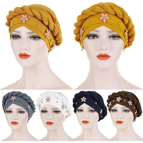 India Caps Braided Beaded Turban Scarf New Women Cotton Headwear Headwrap African Pearl Head Wrap Twist Bandana Hair Accessoires