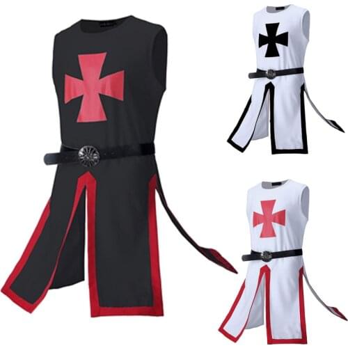 Medieval Knights Templar Crusader Costume Mens Vest Tunic Long Cross Shirt Warrior Surcoat Armor Tabard Belted Top For Adult