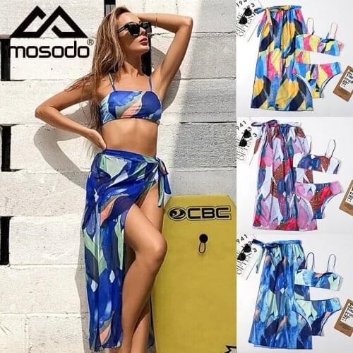 Mosodo Women Triangle Bikini Three Piece Printed Suspender Sexy Split Swimsuit Mesh Swimming Pool Beach Swimsuit