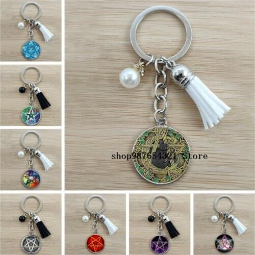 New handmade secret five-pointed star pendant glass keychain witch pagan mystery eight-character keychain witch pendant key ring