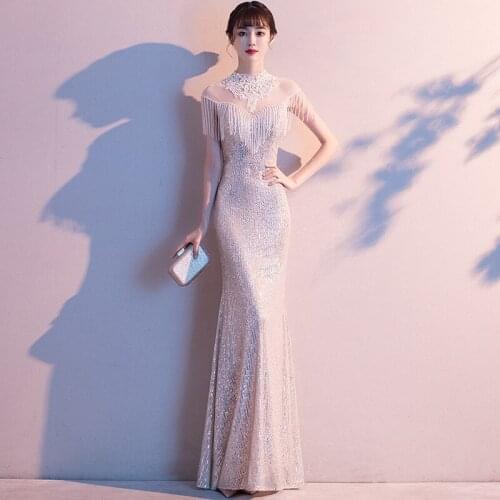 New Woman Exquisite Sequins Evening Gown Elegant Tassel Long Slim Tight Formal Parties Dress